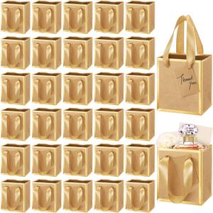 Yeaqee 50 Pcs Mini Metallic Paper Gift Bags with Handles 4x2.75x4.5'' Tiny Small Gift Bags with Thank You Tag for Christmas Wedding Birthday Welcome Return Gifts Small Business(Kraft, Gold)