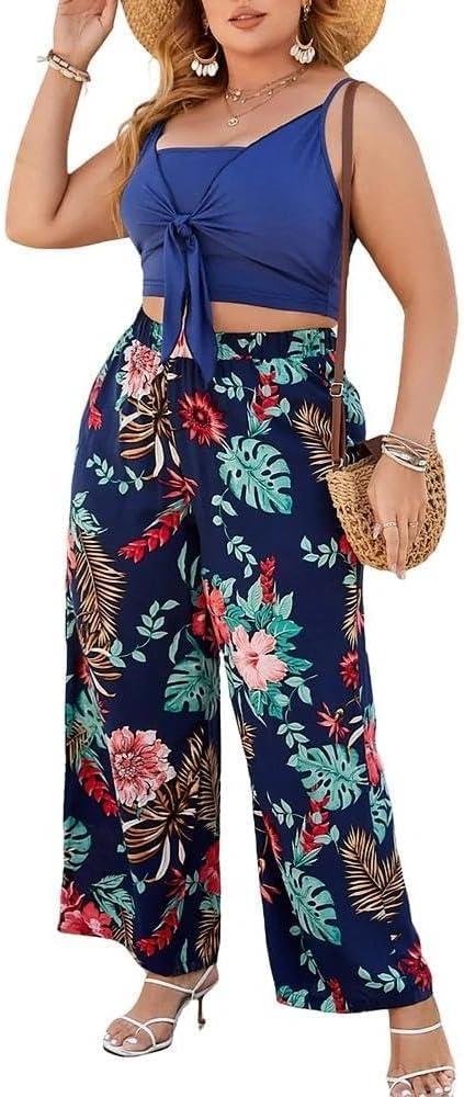Two Piece Sets for Women Plus Size Vacation Outfits, Boho Chic Travel Outfits with Crop Top and Wide Leg Pants (1X, Blue)
