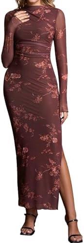 XinFSh Women's Fall Long Sleeve Bodycon Maxi Dress Mesh Ruched Formal Wedding Guest Cocktail Dresses, Medium