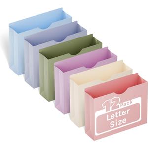 ANSOOK Plastic Manila File Folders Letter Size,12 Pack Expanding File Jackets & File Pockets,Heavy Duty 3" Expansion Manila Pocket Folders with Straight Cut Tab,File Cabniet Folders for Office School (Morandicolor)