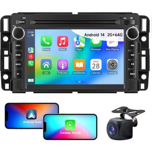 Car Radio for Chevy Silverado Tahoe GMC Sierra Yukon 2007-2013, Android 14 2+64G Double Din Car Stereo with Bluetooth, 7" HD Touchscreen with Apple CarPlay, Android Auto, Backup Camera, GPS, RDS