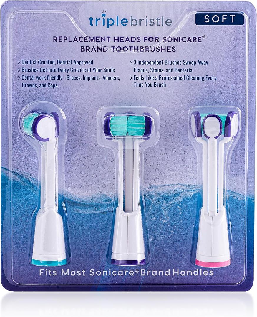 Compatible with Philips Sonicare ONLY- Three Headed Replacement Toothbrush Heads - Fits ONLY Sonicare Models: DiamondClean, Flexcare+, HealthyWhite+, 2 Series Plaque Control (Soft Bristles - 3 Pack)