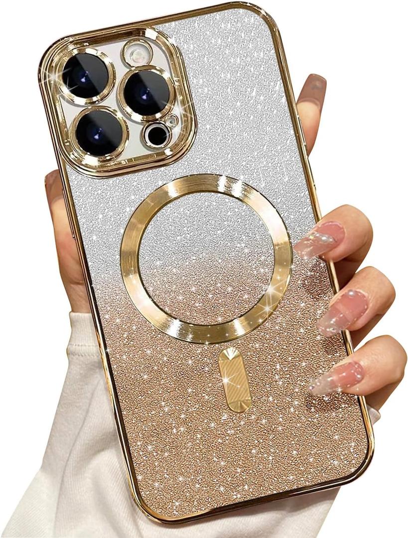Misscase for iPhone 16 Pro Max Magnetic Glitter Case Compatible with MagSafe,Camera Lens Protector Full Protection Elegant Anti-Scratch Dust-Proof Net Case Cover for iPhone 16 Pro Max Gold