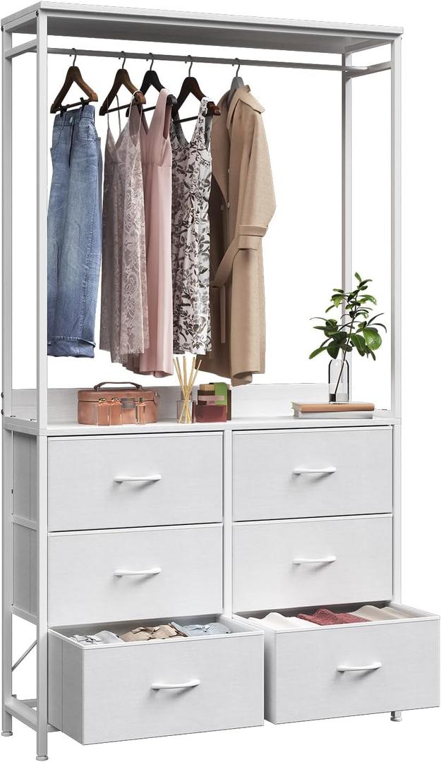 6 Dresser Drawer with Hanging Rack, 2-in-1Tall Dresser for Bedroom/Closet, Fabric Dressers & Chests of Drawers, Sturdy Alloy Steel Frame, Space Saving Closet Organizer (White)