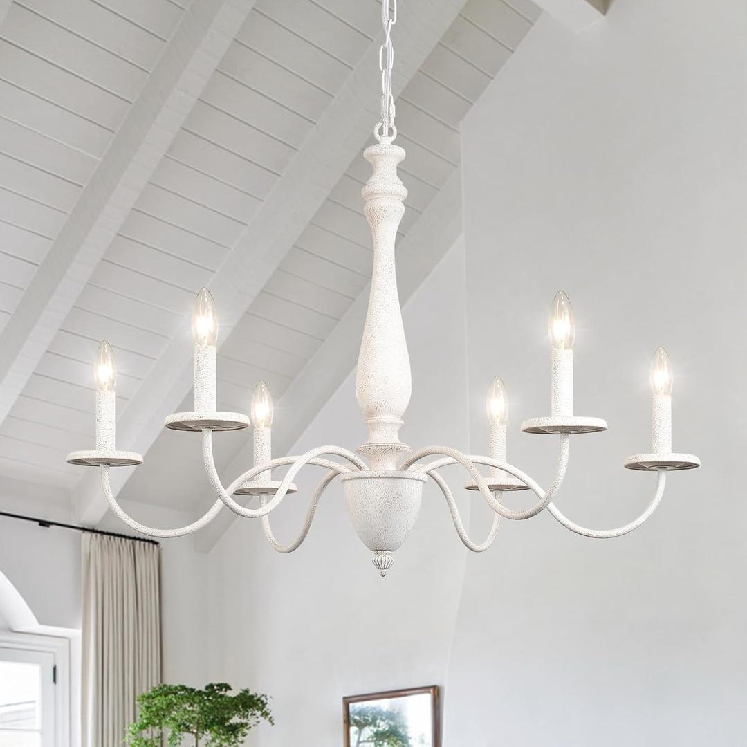 6-Light Chandelier Farmhouse Chandeliers for Dining Room Lighting Fixture, French Country White Chandelier Brown White Wood Chandeliers for Living Room Bedrooms Dining Room Foyer
