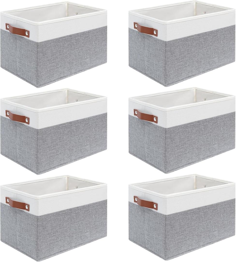 6 Pack Fabric Storage Baskets for Shelves , Closet Storage Bins for Shelves, Fabric Baskets for Organizing with Handles for Home and Office (White with Grey,15" L*10.2" W*9" H)