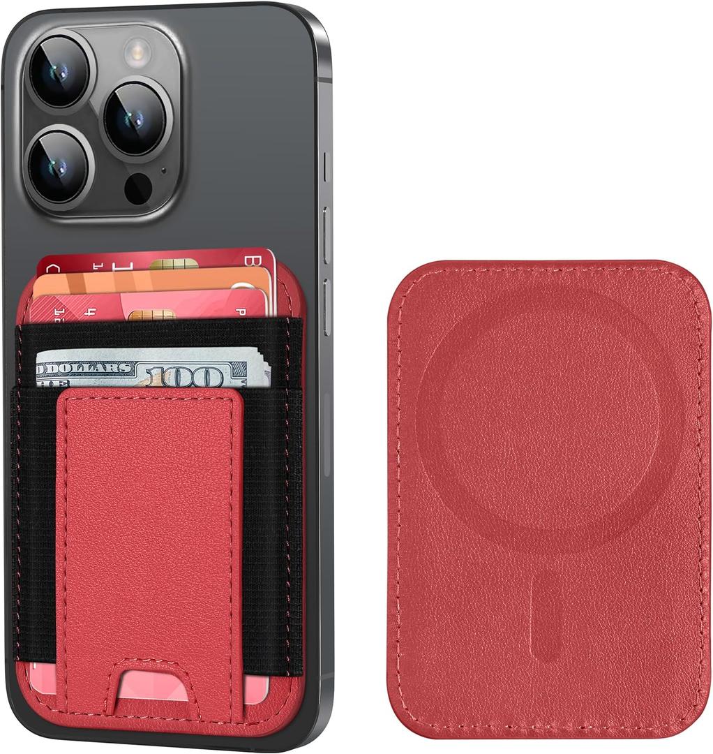 Upgraded for Magsafe Wallet, Strongest Magnetic Wallet for iPhone 17/16/15/14/13/12 Series, Magnetic Card Holder with 2 Card Slots, RFID Blocking, Vegan Leather, Fit 7 Cards, Red