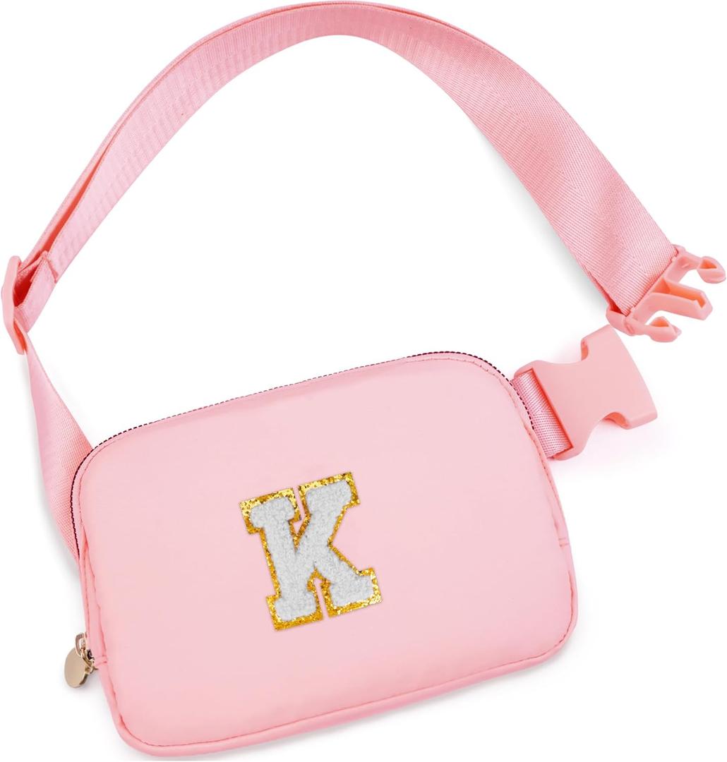 Cross Body Bag for Girls & Women - Trendy Everywhere Belt Bag, Fanny Pack for Kids & Teens, Monogrammed Waist Pack, Initial White K, Peach