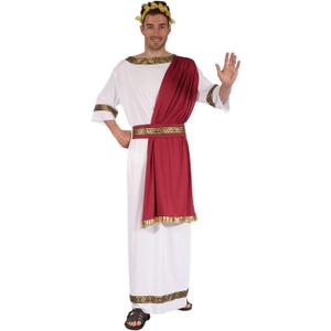Kucos Mens Toga Costume Greek God Cosplay Robe Roman Emperor Toga Costume with Headband Belt Halloween Outfits (Medium, Red and White)