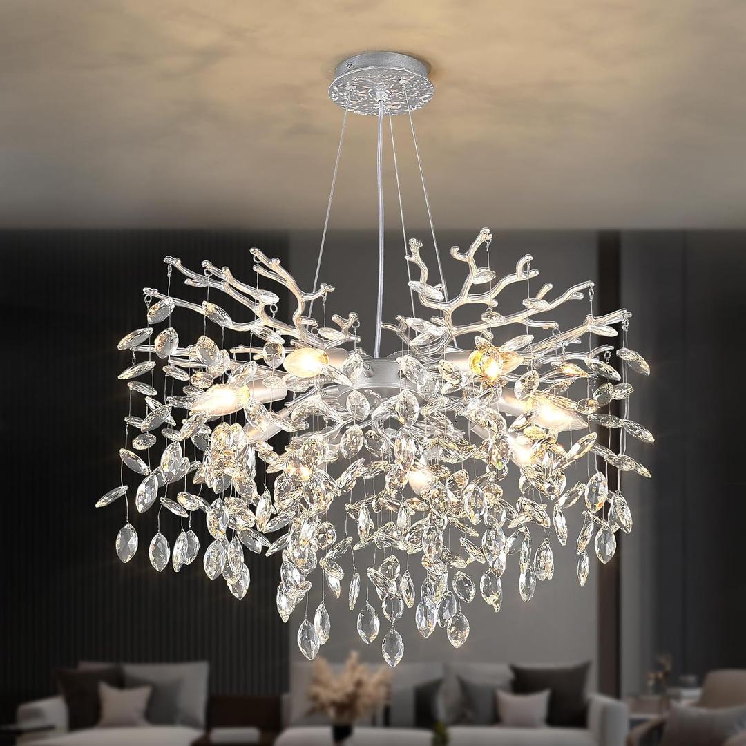 EGM 24-Inch Modern Tree Branch Chandelier Silver Crystal Pendant Lighting