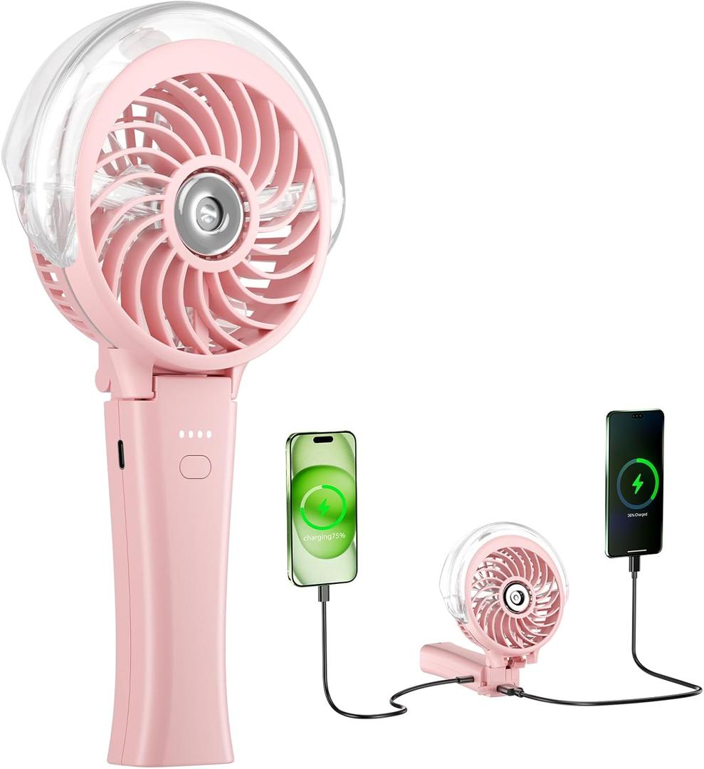 HandFan 4000mAh Handheld Misting Fan, 50ml Water Tank, Rechargeable Personal Mister Fan Portable AC, Spray Water Mist Fans, Foldable Cooling Ice Fans for Beach Travel Outdoors(Pink)