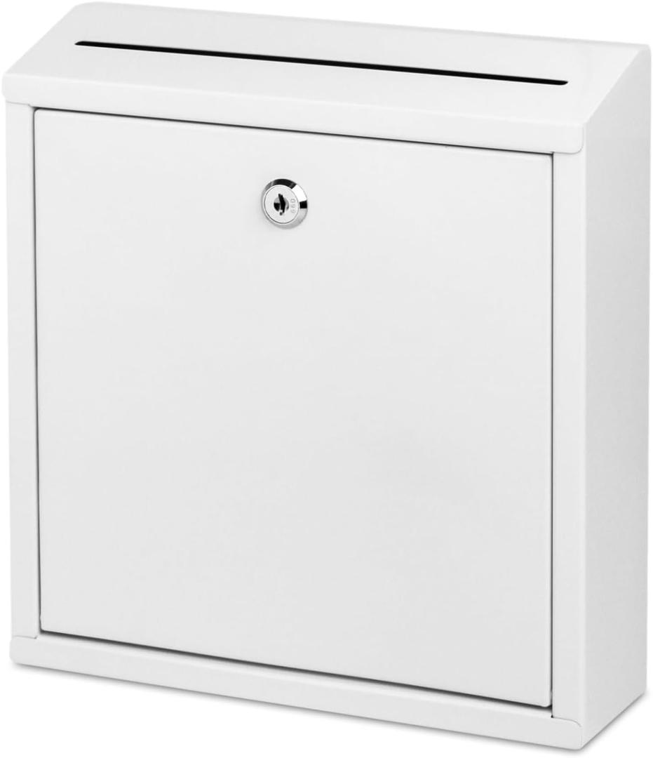 Suggestion Box with Lock and Slot, Wall Mounted Metal Drop Box with 4 Keys, Secure Locking Box for Cash and Ballots, Office Mailbox, 10.4 x 2.9 x 11 Inch, White