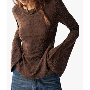 MakeMeChic Women's Lace Bell Sleeve T Shirt Crew Neck Textured Vintage Tee Tops (XS)