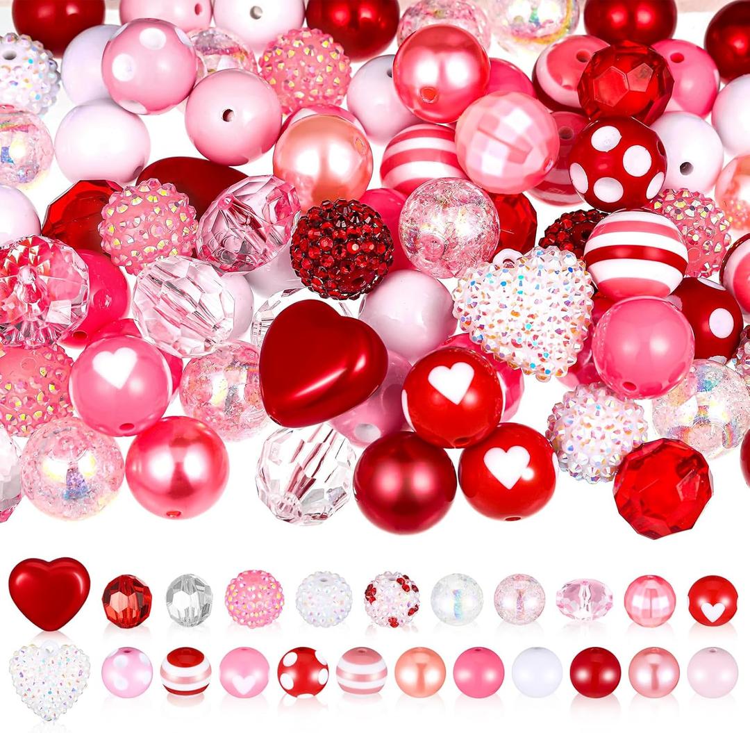 Poen 100 Pcs 20 mm Valentines Day Rhinestone Bubblegum Beads Pink Red Beads for Pens Bulk Mixed Crystal Resin Chunky Crafts for DIY Craft Keychain Necklace Bracelet Jewelry Making Decor for Holiday (Sweet Color)