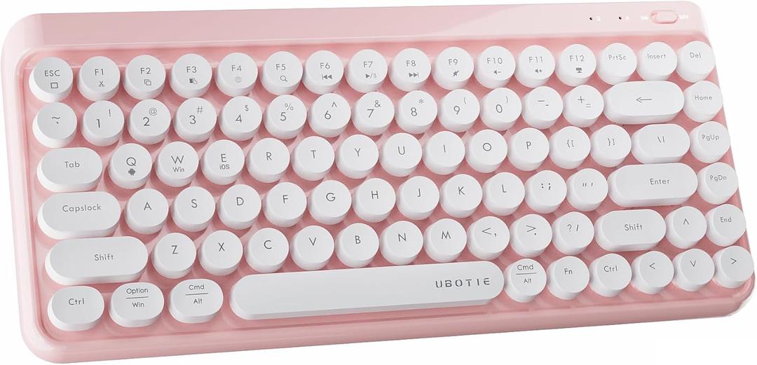 x UBOTIE Wireless Bluetooth TKL Keyboard with 84 Retro Round Keycaps, Typewriter-Style, for PC/Mac/Tablets(White Pink)