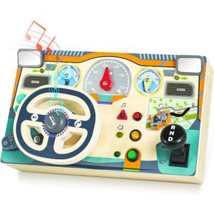 Busy Board Montessori Toys for 1 2 3 Year Old, Wooden Toddler Sensory Toy Busy Board with LED Lights Sound Switch, Toddlers Activity Travel Toy, Steering Wheel Toddler Toys Christmas Gift for Boy Girl