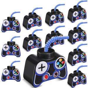 Mifoci 12 Pcs Plastic Video Game Party Cups with Straw and Lid 10oz Gamer Birthday Themed Drink Cups 7th Video Game Party Favors for Kids Toddlers Gamer Birthday Supplies (Blue)