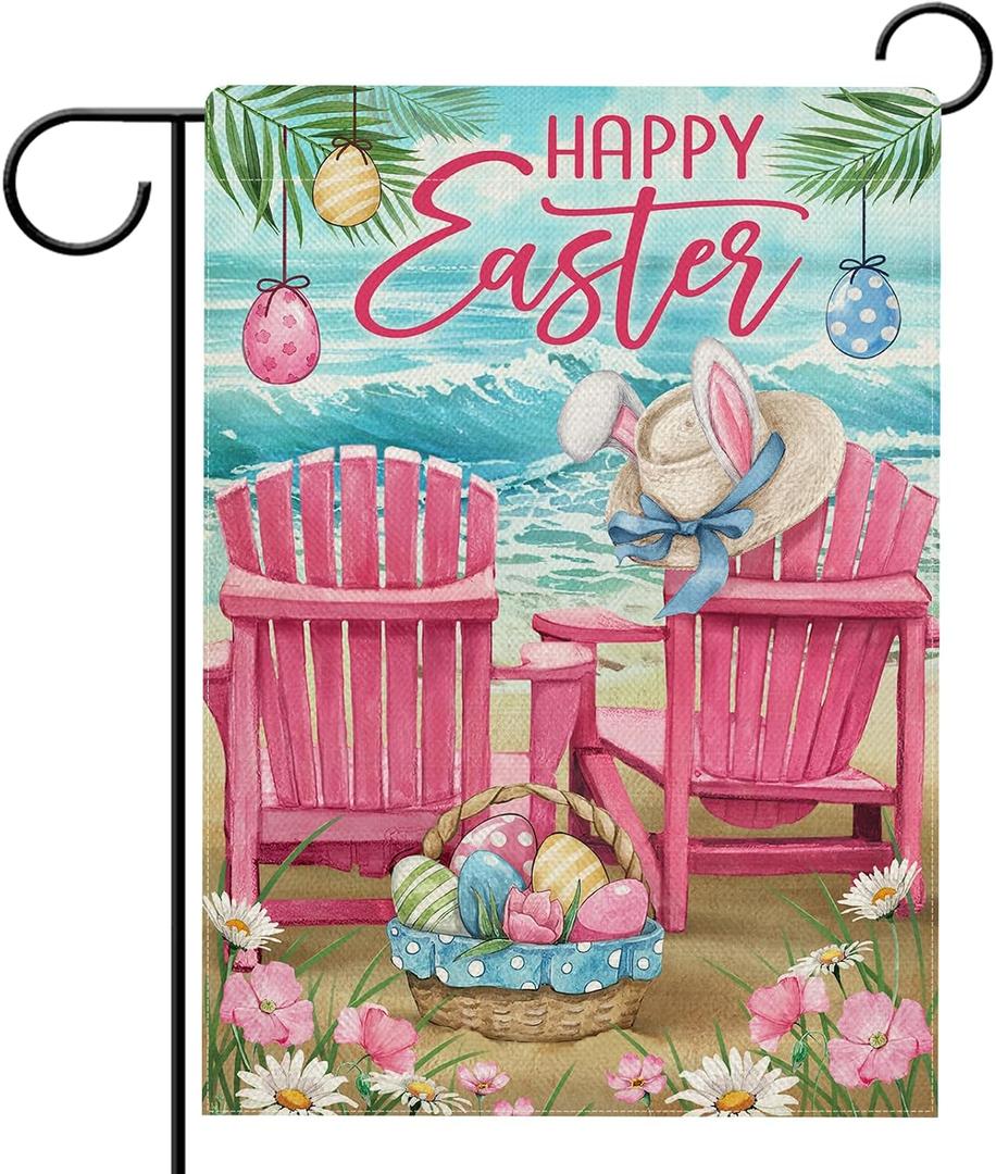 3 x Hzppyz Happy Easter Sea Pink Chair Garden Flag Double Sided
