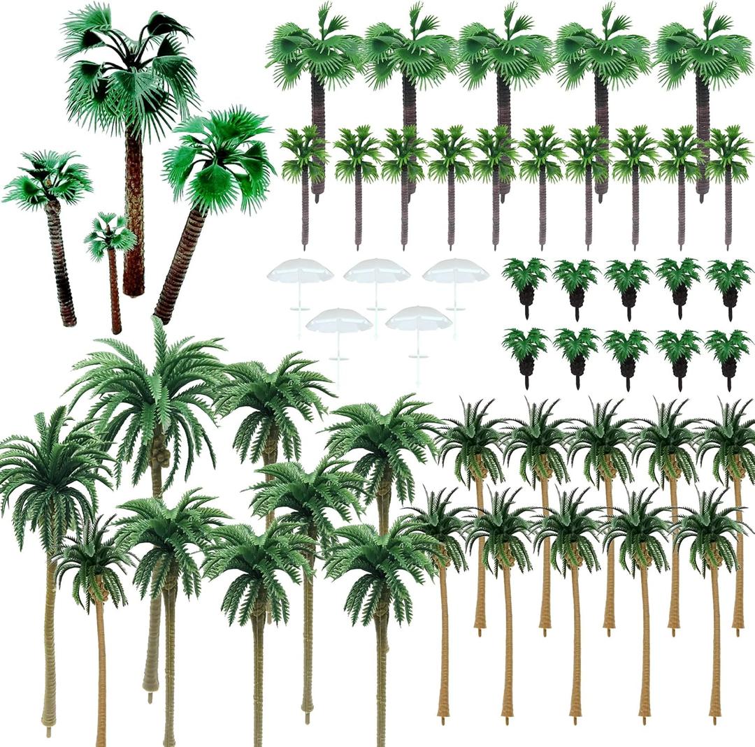 Woohome 44 PCS Model Trees Coconut Palm Model Trees with 5 PCS Mini Umbrella, Mixed Model Trees for Model Train Railway Architecture Diorama DIY Scenery Landscape