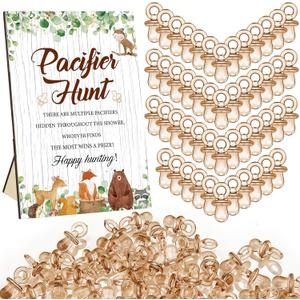 Thyle 51 Pcs Pacifier Hunt Baby Shower Games Include Hunt Sign and 50 Acrylic Pacifiers for Baby Shower Game Decoration Gift Sets Gender Reveal Party Decor (Woodland Animals)