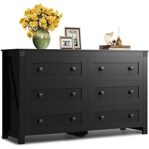 WLIVE Farmhouse Black Dresser for Bedroom, 53.07'' Wide 6 Drawer Wood Dresser, Chest of Drawers with Double Rustic Handle, TV Stand for 60 inch TV, Modern Clothes Organizer for Living Room, Hallway