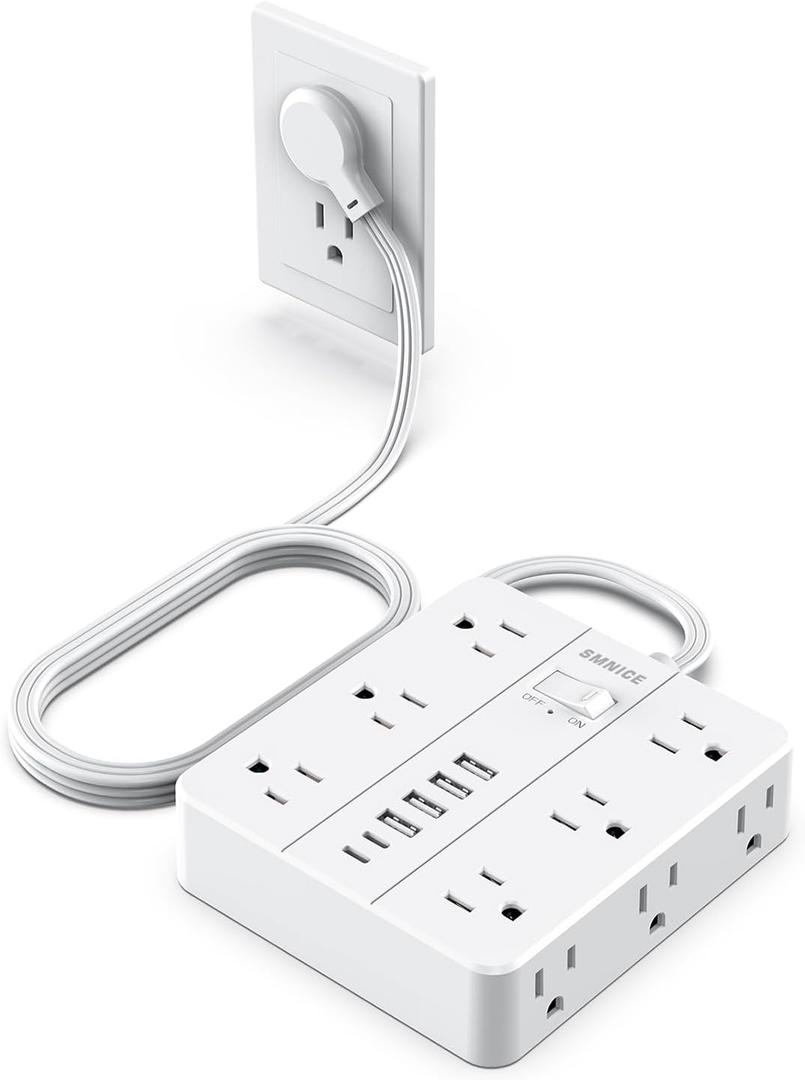 Power Strip Flat Plug with 12 Outlets 6 USB(2 USB C),SMNICE Surge Protector Charging Station with Overload Protection,5ft Extension Cord Widely Spaced Multiple Outlets for Home Office Dorm Essentials (White)