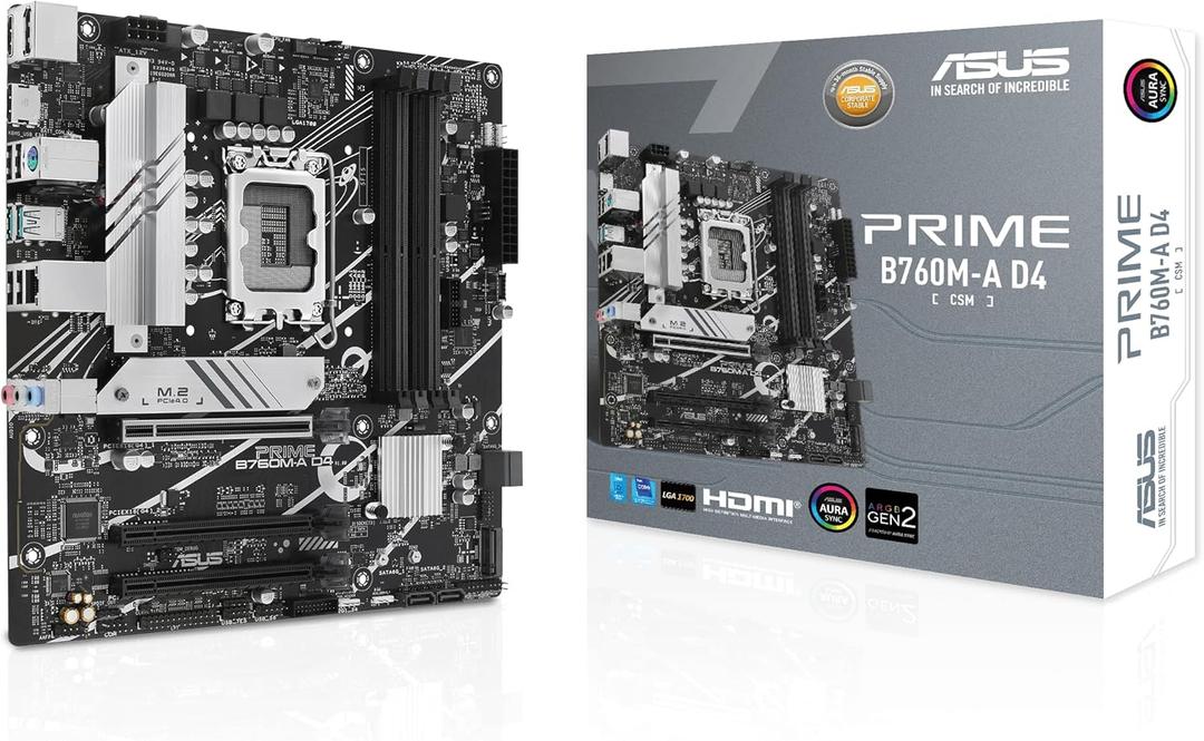 ASUS Prime B760M-A D4-CSM Intel B760 (LGA 1700) mATX Commercial CSM Motherboard, PCIe 4.0, DDR4, 2X M.2, 2.5Gb LAN, DP, 2X HDMI, SATA 6 Gbps, USB Type-C, Aura Sync, ASUS Control Center Express
