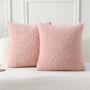 FUTEI Pink Throw Pillow Covers 16x16 Inch Set of 2,Furry Faux Fur Teddy Boucle Textured Cushion Covers,Soft Fluffy Decorative Pillow Case,Home Decor for Couch Bed Living Room Office