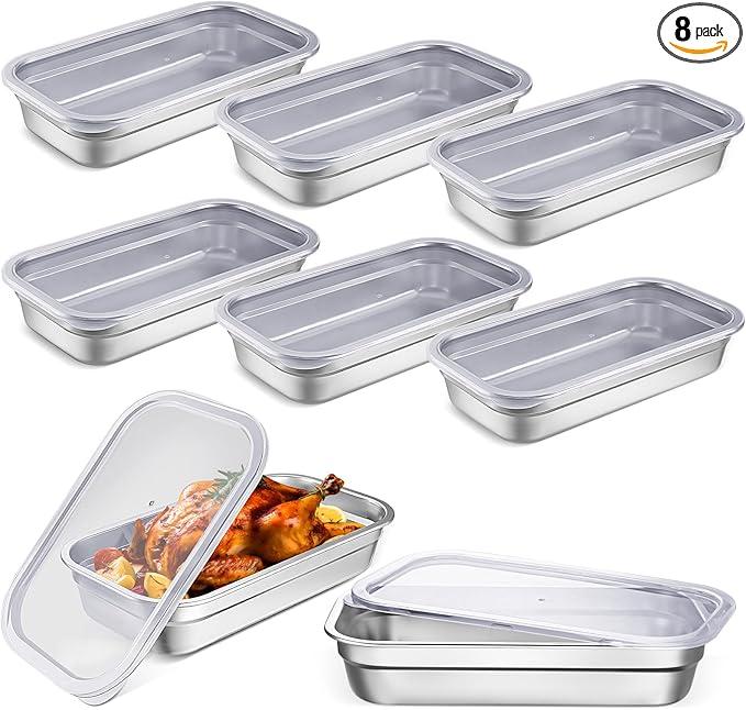 8 Pcs  Stainless Steel Food Storage Containers with Lids Size Hotel Pan Chicken Food Grade Pans Metal Meal Containers for Restaurant Stackable Kitchen Freezer Buffet(4  Inch Deep), Size 10 x 6,( 7 Lid)