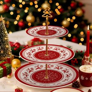Lallisa 3 Tier Christmas Cake Stand 10", 9" and 7" Ceramic Snowflake Elk Cupcake Display Holder Tower for Xmas Theme Party Serving Food Cake Desserts Treats Holiday Decoration