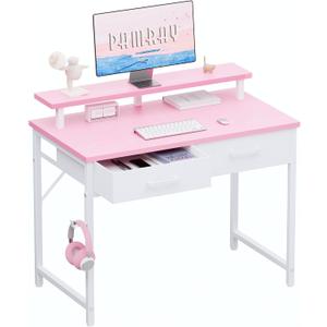 Pamray 32 Inch Small Computer Desk with Monitor Stand and 2 Drawers | Small Gaming Desk, for Bedroom Apartment and Dorm, for Study Work and Writing, Small Spaces, Sturdy, Easy Assembly