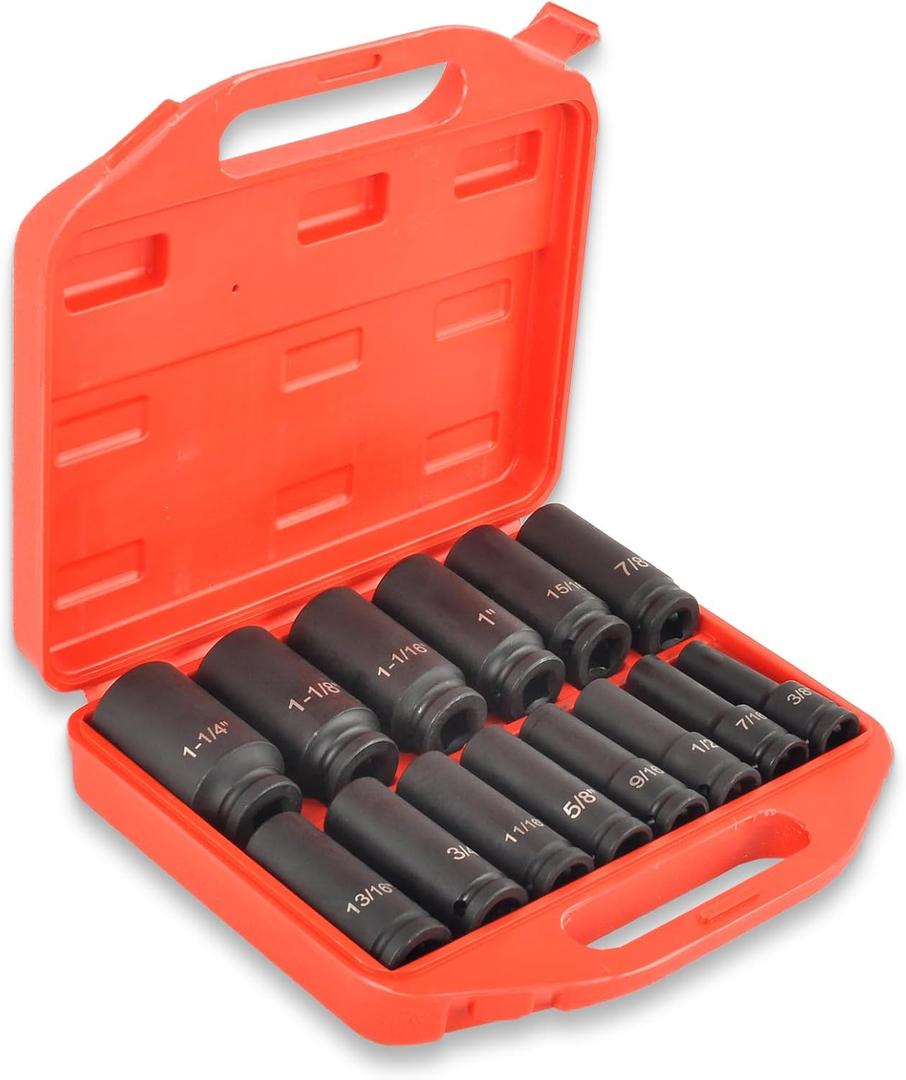 1/2" Impact Socket Set,14 Piece 6 Point Impact Set,Standard Impact Socket,SAE Sizes(3/8,7/16, 1/2, 9/16, 5/8, 11/16, 3/4, 13/16, 7/8, 15/16, 1, 1-1/16, 1-1/8, 1-1/4'') Deep Socket Set 1/2 Drive