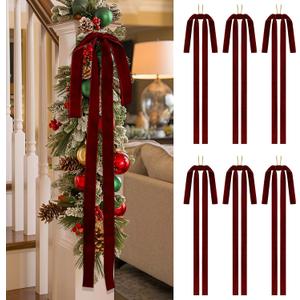 SIMISI RIBBON Burgundy Long Velvet Bows Ornaments for Christmas Tree, Wreath, Garland, Swag, Staircase, Fireplace, Door (15 * 24 inch, 6 Pieces)