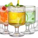 DEAYOU Set of 6 Ribbed Vintage Wine Glasses, 8 oz Clear Interlocking Ribbed Water Goblet Glasses, Unique Short Stem Cocktail Glasses for Iced Tea, Juice, Whiskey, Beer, Dessert, Party