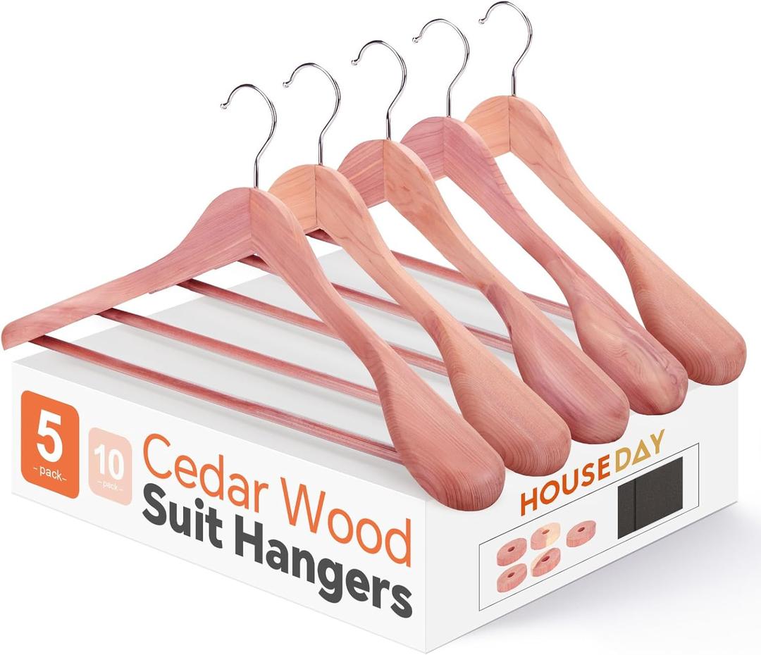 HOUSE DAY Wide Shoulder Cedar Hangers for Suits and Coats with Non Slip Pant Bar,360 Swivel Hook, Smooth Finish Cedar Wood Hangers for Closet, Closet Essentials, 5 Pack