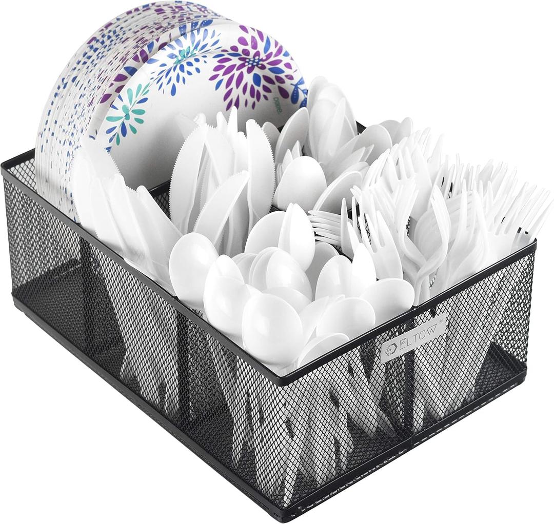 ELTOW Paper Plate & Cutlery Organizer  7" Plate Holder with 5-Compartment Silverware Caddy for Parties, Home, Kitchen & Office
