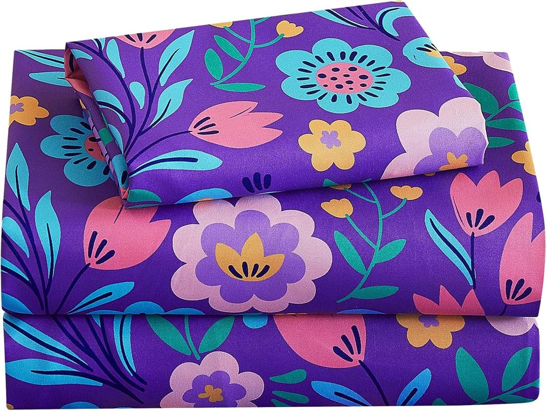 Softan Kids Bed Sheet Set, 3-Piece Twin Sheets Set, Microfiber Fitted Sheet with Corner Straps, Breathable & Silky Soft Durple Flower Butterfly Pattern Sheet and Pillowcase Sets