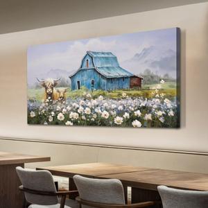 Anolyfi Blue Barn Picture Farmhouse Canvas Wall Art Highland Cow and White Flowers Landscape Textured Painting Large Scenery Artwork Framed for Living Room Bedroom Bathroom Office Home Decor 40"x 20"