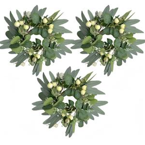 Artificial Summer Eucalyptus Wreath With Berries - 10 Inch Faux Cabinet Greenery for Front Door, Farmhouse Decor for All Seasons Indoor Outdoor Home, 3Pcs Big Berries