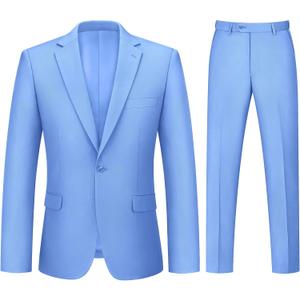 Mens Suit 2 Piece Suits for Men One Button Slim Fit Solid Jacket & Pants Tuxedo Set Business Wedding Party (Blue, L)