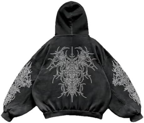 Y2K Vintage Printed Punk Hoodies Spring Autumn Men Women Casual Hoodie Gothic Fashion Harajuku Sweatshirt (Black, L)