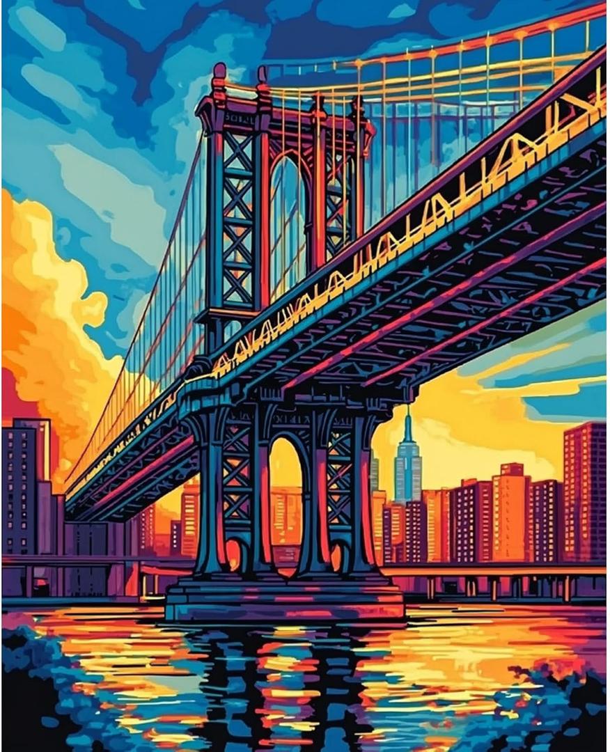 Manhattan Bridge Paint by Numbers Kit for Adults Beginner Sunset Oil Painting Kit Adult Paint by Number Kits on Canvas DIY Painting for Beginners Art by Numbers for Gifts Home Wall Decor 16x20 Inch﻿