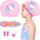 Kids Swim Caps for Girls (Age 2-6), Durable Waterproof Silicone Swimming Cap for Short Hair with Swimming Goggles, Ear Plug and Nose Clip