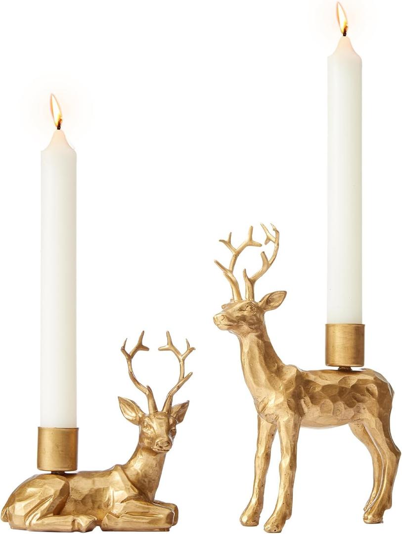 DN DECONATION Reindeer Christmas Decor Candle Holders Set of 2  Gold Deer Taper Candlestick Holders for Holiday Centerpiece Table Decorations, Fireplace Decor, Vintage Home Decor & Wedding
