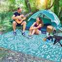 GAOMON 9x12 Boho Vintage Outdoor Rug Waterproof Patio Rug Vintage Floral Reversible Plastic Straw Picnic Rug Easy to Clean Portable Outside Carpet for Patio Backyard Beach Pool Side, Light Blue White