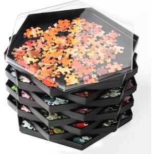 Becko US Stackable Puzzle Sorting Trays Jigsaw Puzzle Sorters with Lid Puzzle Accessory for Puzzles Up to 1500 Pieces, 8 Hexagonal Trays (Black)