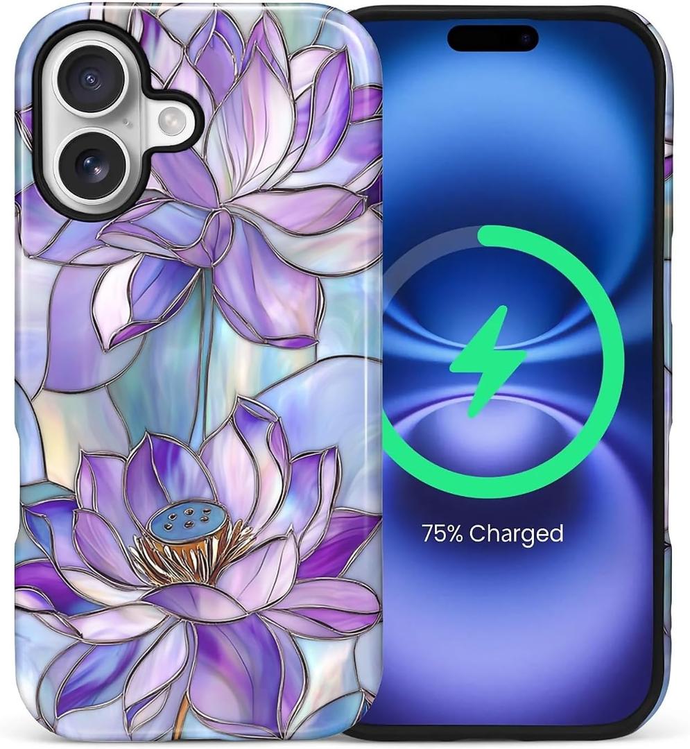 for iPhone 17 Case for Women Girl Men Boy, Compatible with MagSafe, Shockproof Soft Silicone & Hard PC Shell Protective Case for iPhone 17 - Stained Glass-Style Lotus Flowers