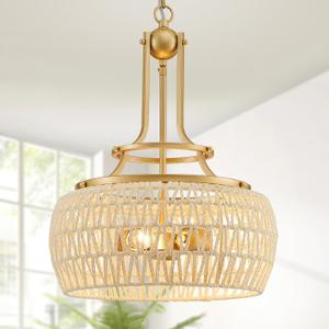 WUZUPS Rattan Boho Chandelier Rustic Farmhouse Industrial Round Coastal Hanging Pendant Light Fixture Wicker Lampshade for Dining Room Kitchen Island Foyer Entryway, H 19.6" x W 15.9", Gold