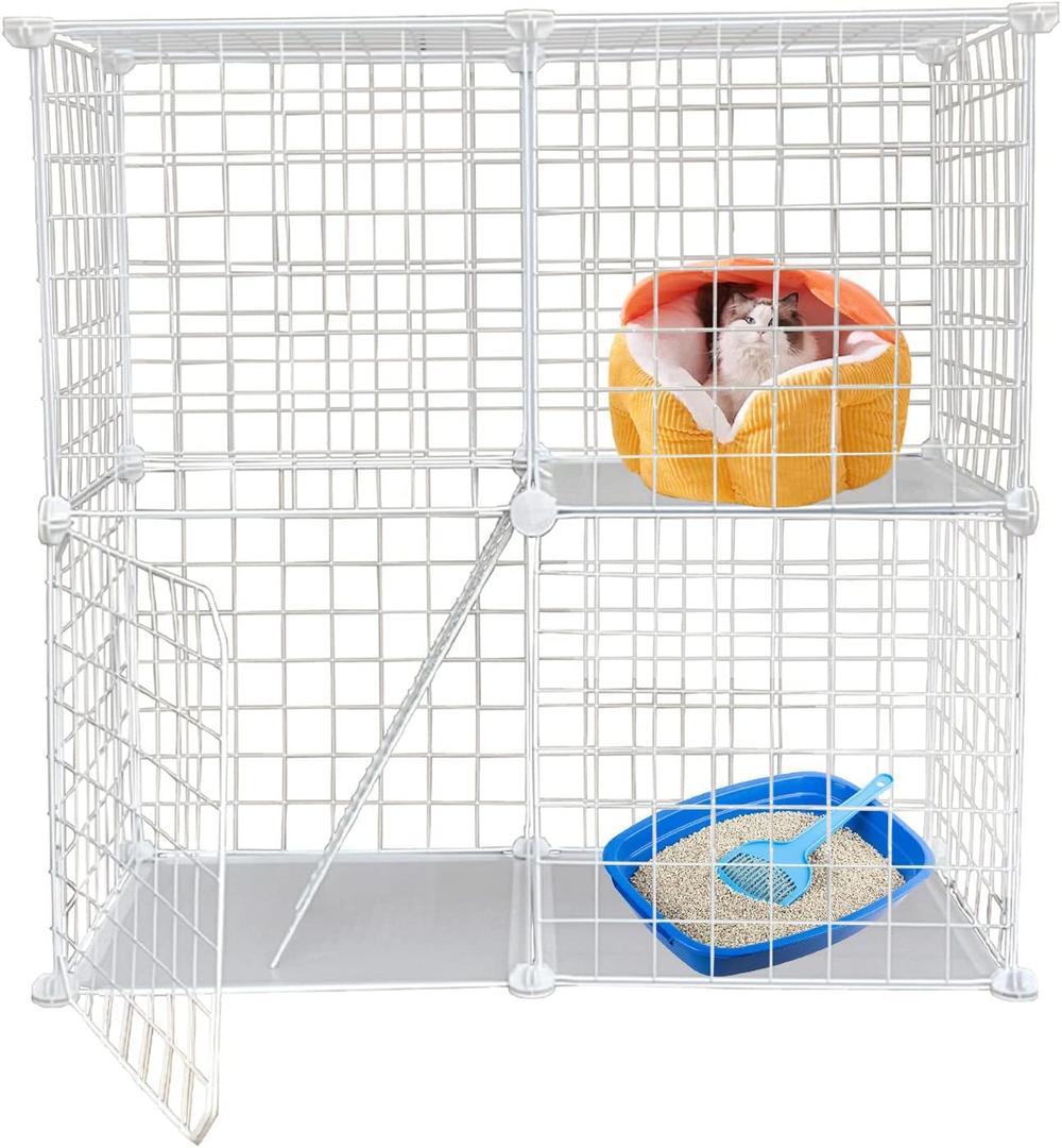 2 Tier Metal Cat Cage Indoor Detachable Cats Cages DIY Pet Playpen Portable Removable Kitten Collapsible Playpen for Small and Medium Cats Kittens Kitty (White 29.52 x 15.35 x 28.74 in)