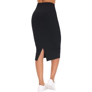 THE GYM PEOPLE Women's High Waist Tummy Control Pencil Skirts Stretchy Bodycon Midi Skirt Below Knee with Back Slit (Black), 6 